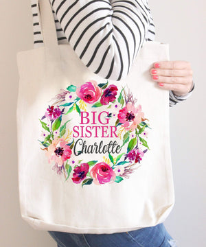 Big Sister Floral Tote Bag Personalized Name Pink Purple Flowers Canvas Wedding Bride Bridesmaid Mother of the Bride Girl Gift Wreath 135-Sweet Blooms Decor