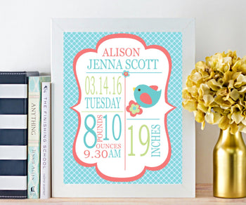Bird Birth Print Peanut Shell Mila Aqua Teal Coral Bird Birth Announcement Baby Shower Bird Nursery Deco PRINT OR CANVAS 106-Sweet Blooms Decor
