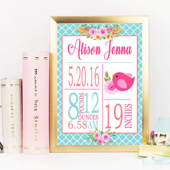 Bird Birth Print Peanut Shell Mila Aqua Teal Coral Pink Bird Bird Baby Shower Bird Nursery Decor Bird Baby -PRINT OR CANVAS-Sweet Blooms Decor