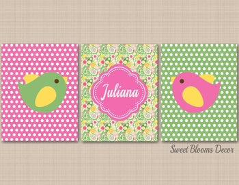 Bird Paisley Nursery Wall Art Pixie Baby Bird Baby Girl Bedroom Decor Pink Green Nursery Polka Dots Name Monogram C104-Sweet Blooms Decor
