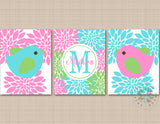 Birds Nursery Decor Wall Art Birds Flowers Pink Teal Blue Green Bird Nursery Decor Floral Bird Girl Baby Shower Gift C598-Sweet Blooms Decor