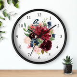 Floral Wall Clock, Blush Pink Navy Blue Maroon Burgundy Red Watercolor Flowers Roses Nursery Wall Clock, Girl Bedroom Wall Decor