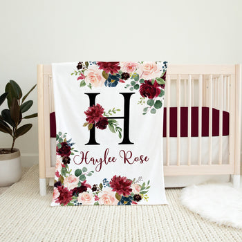 Floral Girl Name Blanket, Burgundy Red Blush Pink Gold Navy Blue Maroon Watercolor Flowers Monogram Baby Shower Gift B1424