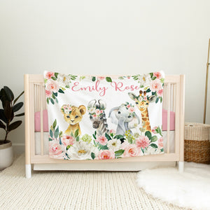 Animals Baby Girl Floral Blanket, Blush Pink Flowers Safari Jungle Name Blanket, Newborn Baby Shower Gift, Pink Floral Crib Bedding B1439