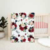 Floral Baby Girl Blanket, Blush Pink Navy Blue Maroon Burgundy Red Watercolor Flowers Roses Nursery Crib Bedding Baby Shower Gift