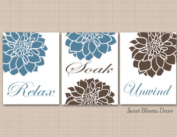 Blue Brown Floral Bathroom Wall Art Teal Brown Bathroom Wall Art,Brown Aqua Floral Wall Art,Aqua Floral Bathroom Wall Art PRINTS or CANVAS-Sweet Blooms Decor