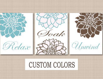 Blue Brown Floral Bathroom Wall Art,Teal Brown Bathroom Wall Art,Brown Aqua Floral Wall Art,Aqua Floral Bathroom Wall Art PRINTS or CANVAS-Sweet Blooms Decor