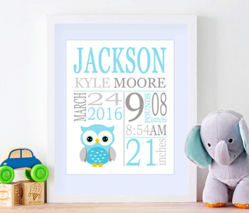 Blue Gray Owl Nursery ,Owl Birth Print,Blue Gray Owl Birth Announcement,Owl Baby Shower ,Owl Baby -PRINT OR CANVAS-Sweet Blooms Decor