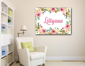 Floral Nursery Wall Art Pink Watercolor Flowers Girl Bedroom Decor Monogrammed Name Sign Baby Shower Gift CANVAS C719-Sweet Blooms Decor