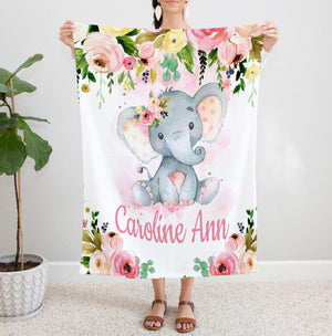 Blush Pink Floral Elephant Name Blanket Watercolor Flowers Baby Girl Shower Gift Newborn Nursery Crib Bedding Todler Birthday Gift B1180
