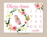 Blush Pink Floral Milestone Blanket Pink Coral Flowers Roses Wreath Monthly Growth Tracker Newborn Baby Girl Name Baby Shower Gift B1179