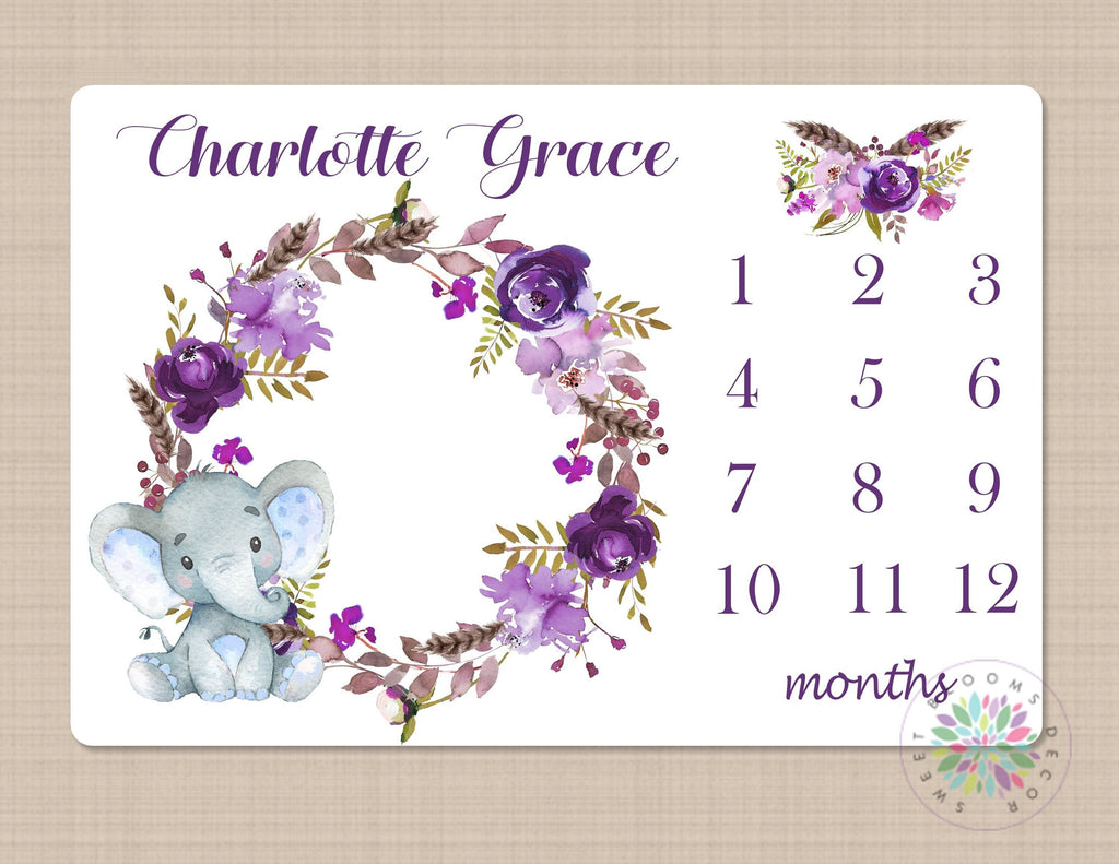 Boho Elephant Floral Milestone Blanket Wreath Feathers Baby Blanket Purple Flowers  Monthly Growth Tracker Baby Girl Baby Shower Gift B555
