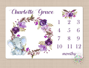 Boho Elephant Floral Milestone Blanket Wreath Feathers Baby Blanket Purple Flowers  Monthly Growth Tracker Baby Girl Baby Shower Gift B555