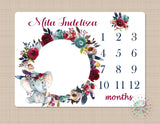 Boho Milestone Blanket Elephant Baby Girl REd Burgundy Magenta Watercolor Red Navy Floral Wreath Flowers Bohemian Baby Shower Gift B489