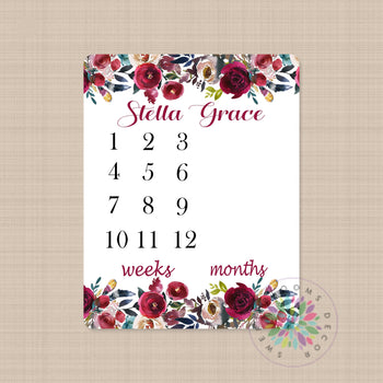 Boho Milestone Blanket Personalized Red Burgundy Watercolor Flowers Wreath Monthly Growth Newborn Girl Name Bohemian Baby Shower Gift B506