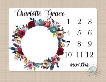 Boho Milestone Blanket Personalized Red Burgundy Watercolor Flowers Wreath Monthly Growth Newborn Girl Tribal Bohemian Baby Shower Gift B505