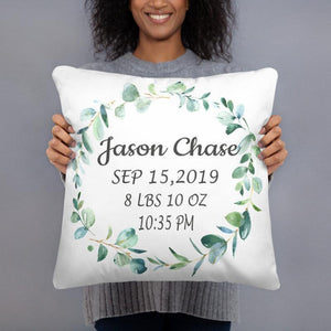 Boy Birth Announcement Pillow Eucalyptus Leaves Wreath Leaf Baby Boy Personalized Baby Shower Gift Nursery Decor Birth Stats Bedding P194-Sweet Blooms Decor