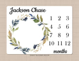 Boy Milestone Blanket Baby Boy Leaves Blue Flowers Wreath Monthly Growth Tracker Personalized Nursery Decor Baby Shower Gift B1050