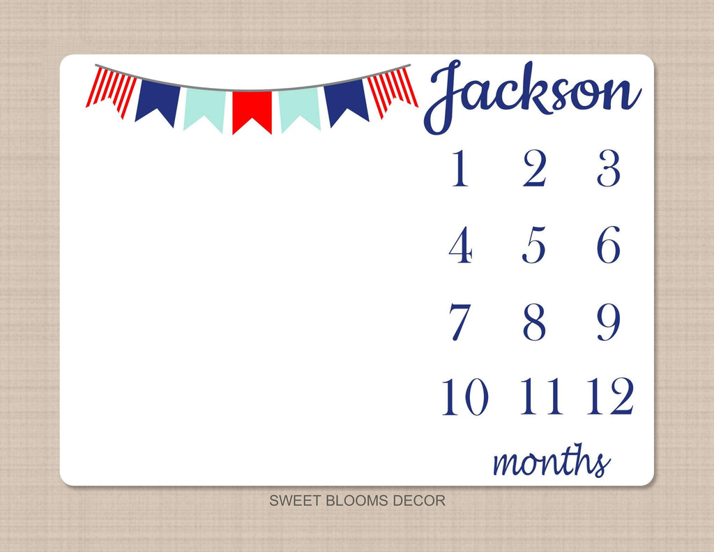Boy Milestone Blanket Monthly Blanket Baby Growth Tracker Red Navy Blue Teal Flags Bunting Nautical Newborn Baby Shower Gift B975
