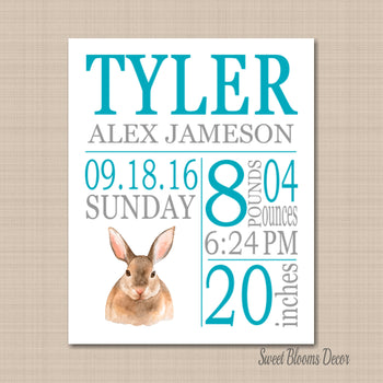 Bunny Rabbit Birth Print Bunny Nursery Decor Woodland Birth Print Bunny Rabbit Nursery Bunny Nursery Decor -PRINT OR CANVAS-Sweet Blooms Decor