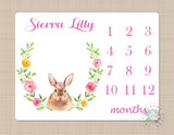 Bunny Rabbit Milestone Blanket Pink Flowers Easter Blanket Monthly Growth Tracker Watercolor Floral Wreath Baby Shower Gift Bedding B247