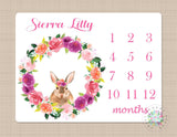 Bunny Rabbit Milestone Blanket Pink Flowers Easter Blanket Monthly Growth Tracker Watercolor Floral Wreath Baby Shower Gift Bedding B248