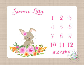 Bunny Rabbit Milestone Blanket Pink Flowers Easter Blanket Monthly Growth Tracker Watercolor Floral Wreath Baby Shower Gift Bedding B250