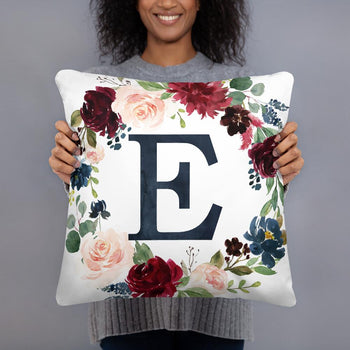 Burgundy Navy Floral Throw Pillow Blush Pink Flowers Leaves Wreath Nursery Bedroom Room Decor Watercolor Monogram Bedding P128 