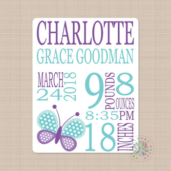 Butterflies Baby Girl Name Blanket Purple Teal Personalized Birth Announcenent Butterfly Birth Stats Baby Shower Gift  Nursery Bedding  B647