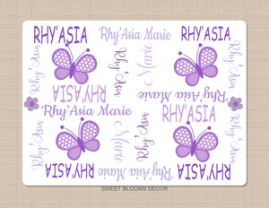Butterflies Baby Name Blanket Purple Lavender Lilac Monogram Baby Blanket Baby Girl Crib Bedding Baby Shower Gift B1189