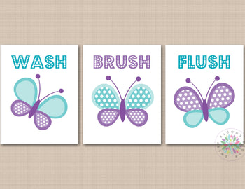 Butterflies Bathroom Wall Art Butterfly Girl Bathroom Wall Art Purple Teal Bathroom Decor Baby Bathroom Wash Brush Flush of 3 B167-Sweet Blooms Decor