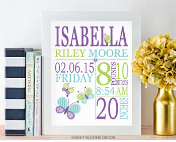 Butterflies Birth Print Teal Blue Purple Green Birth Announcement Baby Shower Nursery Decor Kids Bedroom PRINT OR CANVAS 109-Sweet Blooms Decor