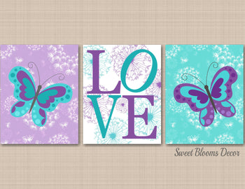 Butterflies Flowers Nursery Wall Art Lavender Purple Teal Dandelion Nursery Wall Decor Butterflies Girl Room Floral C565-Sweet Blooms Decor