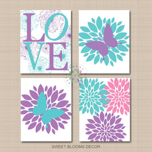 Butterflies Flowers Nursery Wall Art Lavender Teal Pink Purple Floral Girl Bedroom Decor Dandilion Baby Girl UNFRAMED-Sweet Blooms Decor