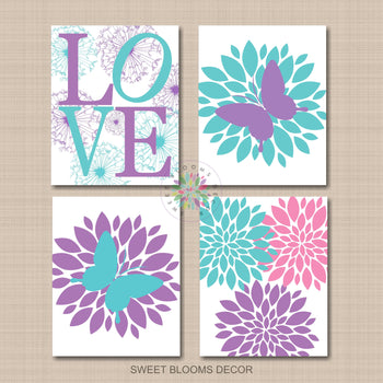 Butterflies Flowers Nursery Wall Art Lavender Teal Pink Purple Floral Girl Bedroom Decor Dandilion Baby Girl UNFRAMED-Sweet Blooms Decor