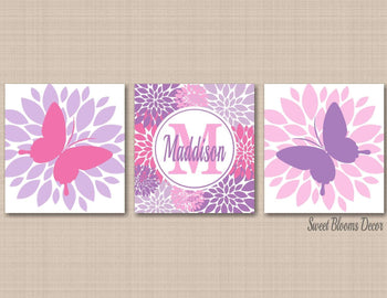 Butterflies Flowers Nursery Wall Art Pink Purple Lavender Butterfly Floral Bedroom Wall Decor Name Monogram Decor 436-Sweet Blooms Decor