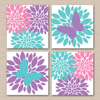 Butterflies Flowers Nursery Wall Art Purple Lavender Teal Pink Floral Baby Girl Bedroom Decor Bathroom-Sweet Blooms Decor