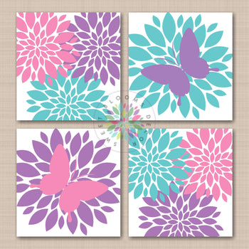 Butterflies Flowers Nursery Wall Art Purple Lavender Teal Pink Flowers Girl Bedroom Decor Baby Shower Gift Birthday 106-Sweet Blooms Decor