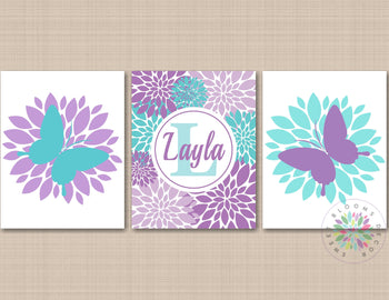 Butterflies Flowers Nursery Wall Art Purple Teal Aqua ButterflyFloral Girl bedroom DecorName Monogram UNFRAMED-Sweet Blooms Decor