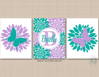 Butterflies Flowers Wall Art Purple Teal Nursery Decor Floral Girl Bedroom Decor Kids Monogram Name UNFRAMED C842-Sweet Blooms Decor