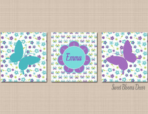 Butterflies Nursery Decor Flowers Floral Wall Art Purple Teal Lavender Name MonogramBAby Girl Bedroom Decor Shower C455-Sweet Blooms Decor
