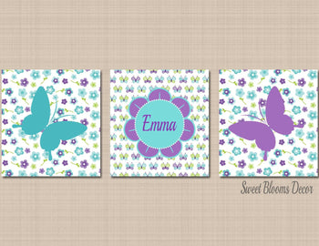 Butterflies Nursery Decor Flowers Floral Wall Art Purple Teal Lavender Name MonogramBAby Girl Bedroom Decor Shower C455-Sweet Blooms Decor