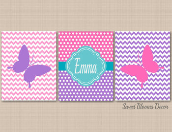 Butterflies Nursery Decor Pink Purple Teal Nursery Decor Butterfly Girl Kids Bedroom Deocr Name Monogram Polkadots C381-Sweet Blooms Decor
