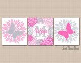 Butterflies Nursery Decor Wall Art Pink Gray Floral Girl Bedroom Decor Name Monogram Butterfly Baby Shower Gift C524-Sweet Blooms Decor
