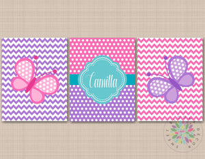 Butterflies Nursery Decor Wall Art Pink Purple Lavender Teal Chevron Polkadots Name Monogram Baby Girl Bedroom Decor C675-Sweet Blooms Decor