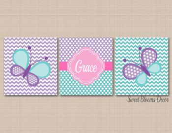 Butterflies Nursery Decor Wall Art Purple Teal Pink Polkadots Chevron Name Monogram Baby Girl Bedroom Decor Shower C520-Sweet Blooms Decor
