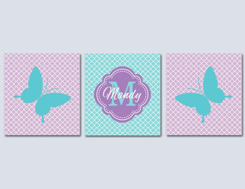 Butterflies Nursery Wall Art Lavender Purple Teal Aqua Wall Art Name Monogram Butterfly Nursery DecorUNFRAMED-Sweet Blooms Decor