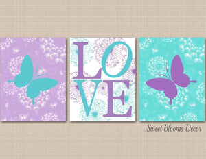 Butterflies Nursery Wall Art Lavender Purple Teal Dandelion Flowers Love Girl Bedroom Decor Floral Bathroom Butterfly C456-Sweet Blooms Decor