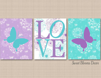 Butterflies Nursery Wall Art Lavender Purple Teal Dandelion Flowers Love Girl Bedroom Decor Floral Bathroom Butterfly C456-Sweet Blooms Decor