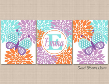 Butterflies Nursery Wall Art Lavender Teal Orange Purple Floral Flowers Girl Bedroom Decor Name Monogram Baby Shower C288-Sweet Blooms Decor